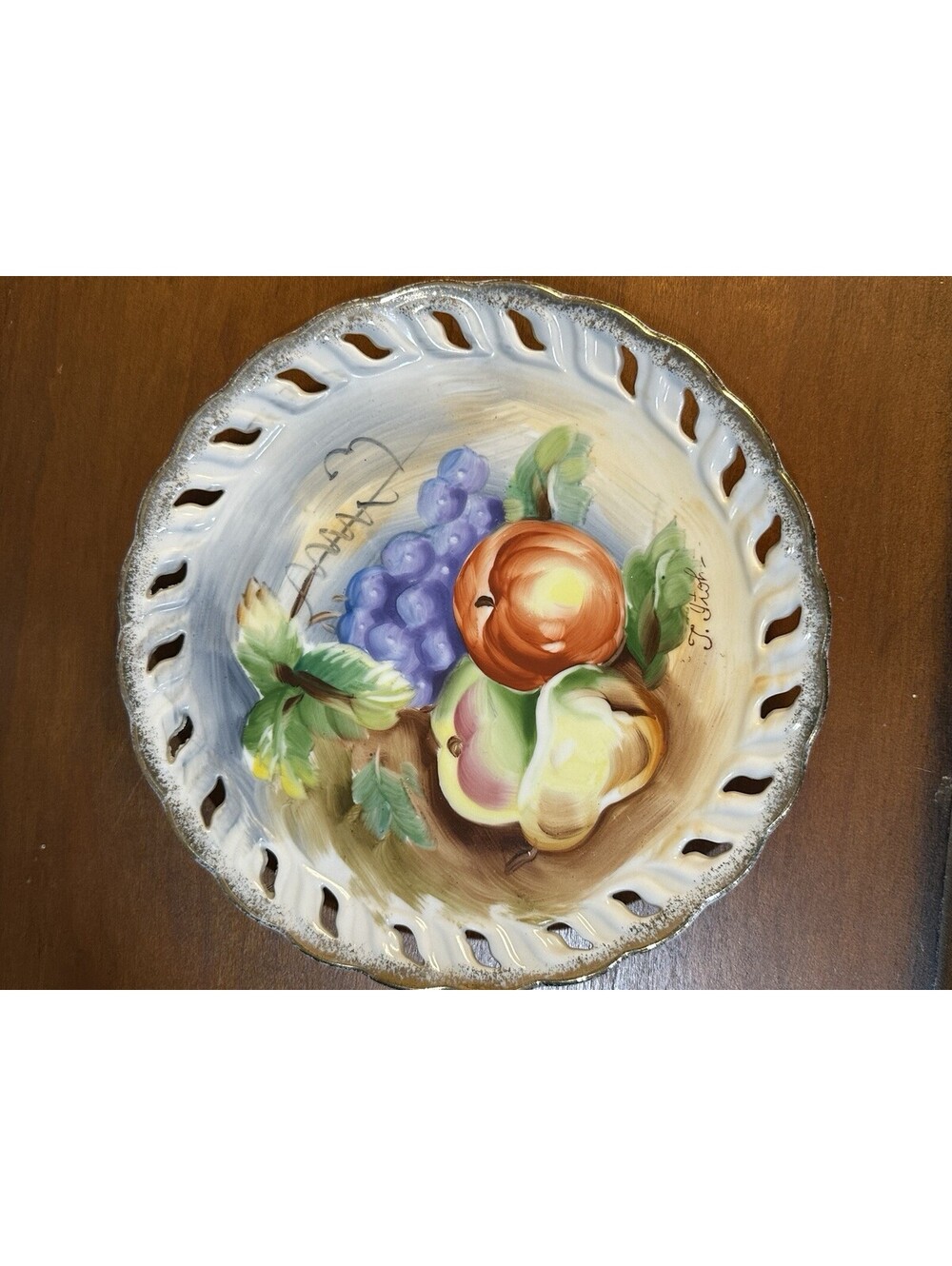 Vintage Norleans Japan Hand-Painted Signed Fruit Plate Reticulated Rim